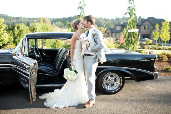 Bunn Salarzon - bride and groom kissing by chevrolet bel air