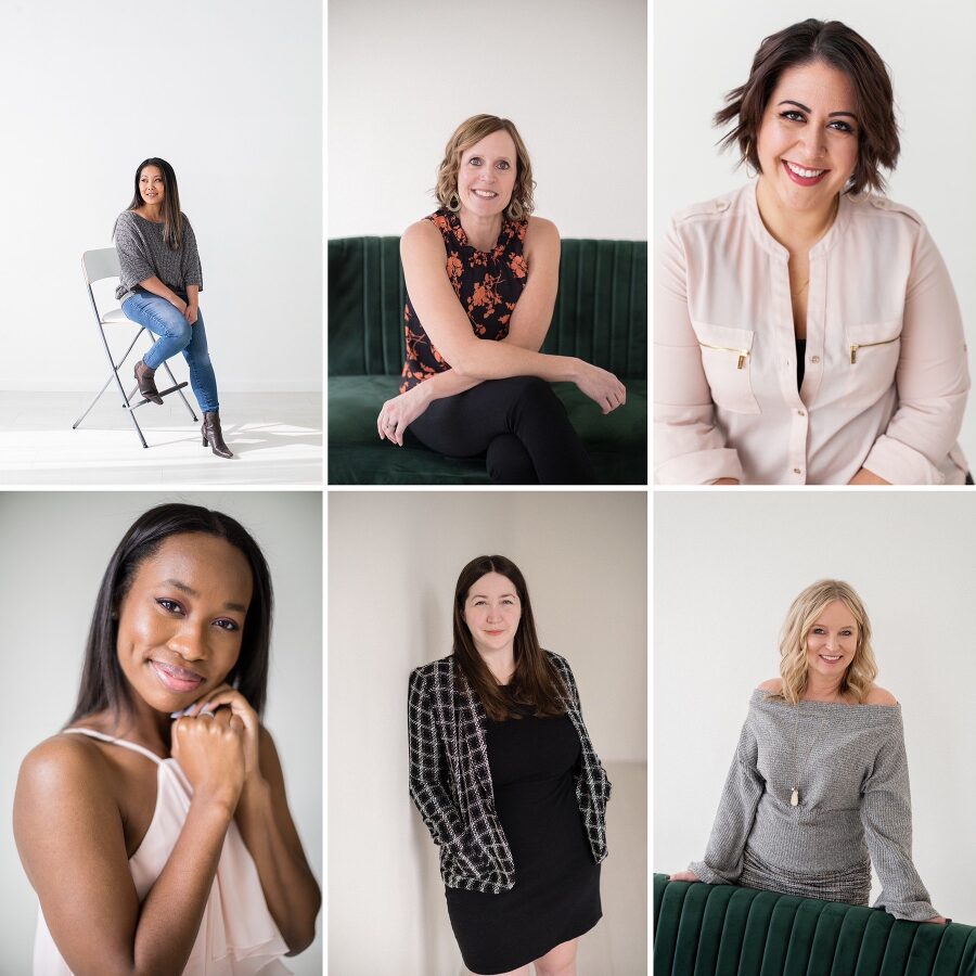 a grid of nine vertical headshot images of women from various ethnic backgrounds, white wall photo studio